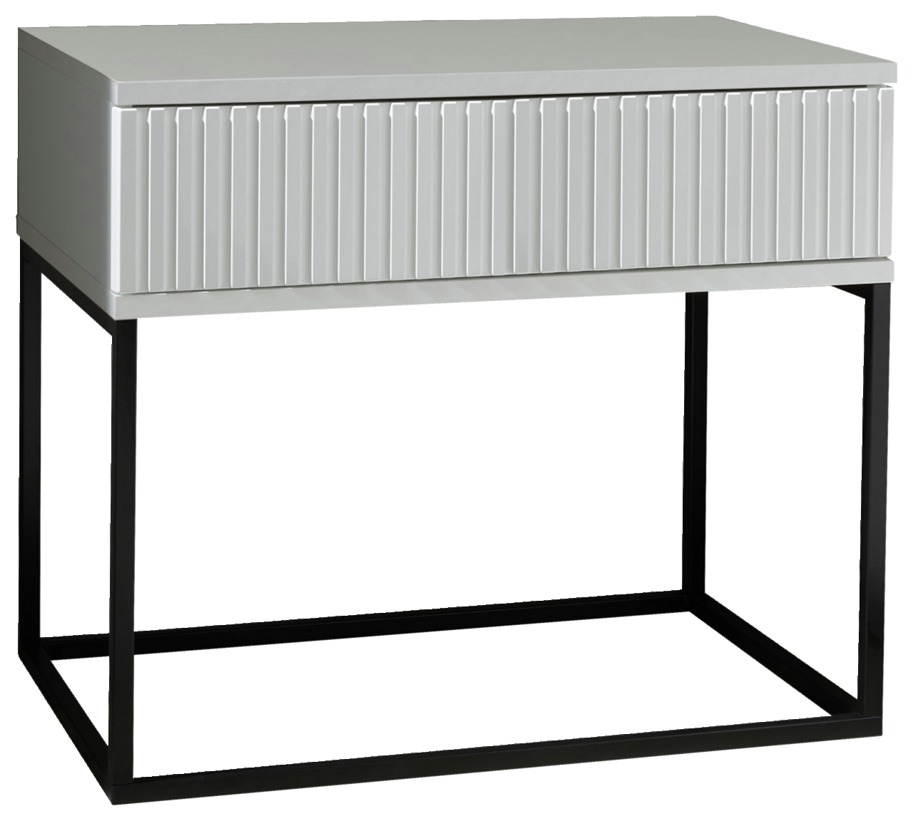 Moderne Nachtkommode mit geriffelter Front und schwarzem Metallgestell, seitliche Perspektive