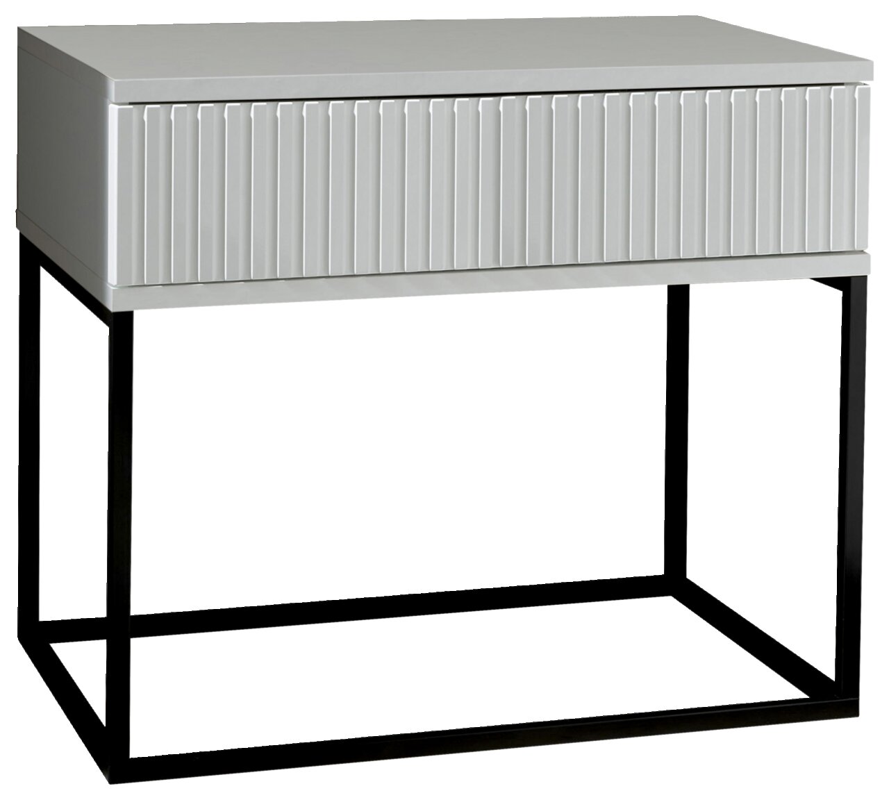 Moderne Nachtkommode mit geriffelter Front und schwarzem Metallgestell, seitliche Perspektive