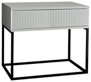 Moderne Nachtkommode mit geriffelter Front und schwarzem Metallgestell, seitliche Perspektive