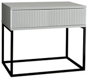 Moderne Nachtkommode mit geriffelter Front und schwarzem Metallgestell, seitliche Perspektive