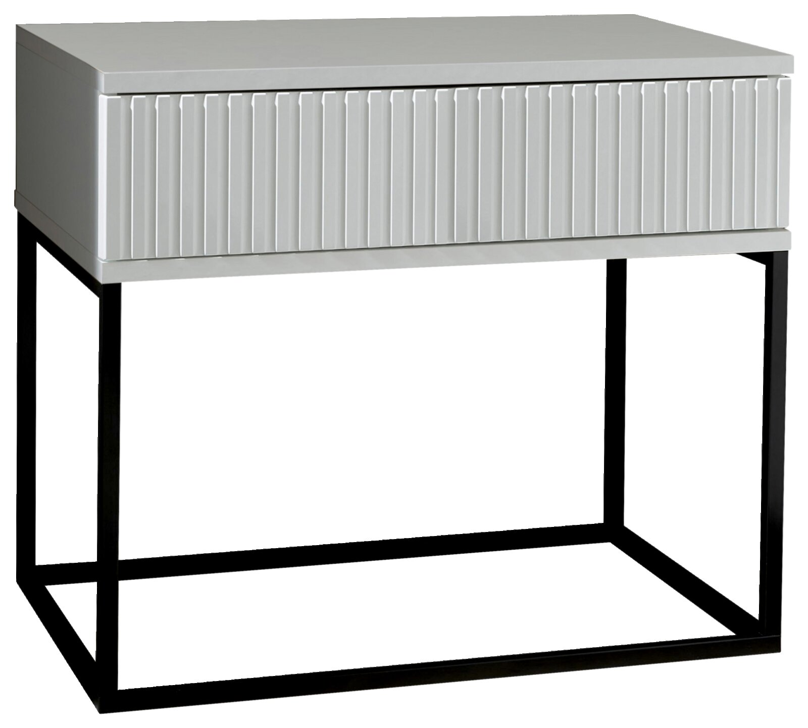 Moderne Nachtkommode mit geriffelter Front und schwarzem Metallgestell, seitliche Perspektive