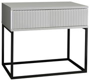 Moderne Nachtkommode mit geriffelter Front und schwarzem Metallgestell, seitliche Perspektive