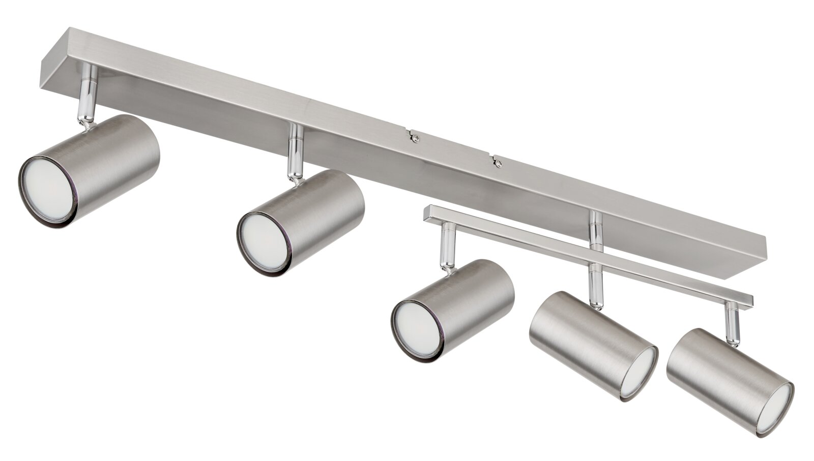 Moderner Deckenstrahler aus gebürstetem Metall mit vier verstellbaren Leuchten, seitliche Perspektive