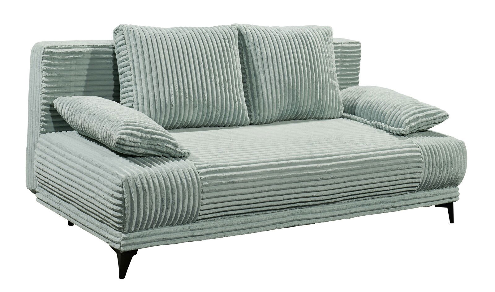 Graues Funktionssofa mit geripptem Stoffbezug, zwei großen Rückenkissen und zwei Armlehnenkissen, seitliche Perspektive