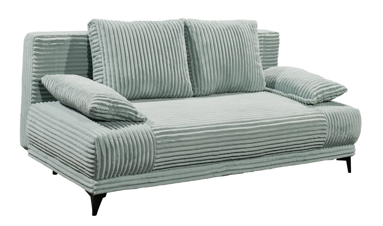 Graues Funktionssofa mit geripptem Stoffbezug, zwei großen Rückenkissen und zwei Armlehnenkissen, seitliche Perspektive