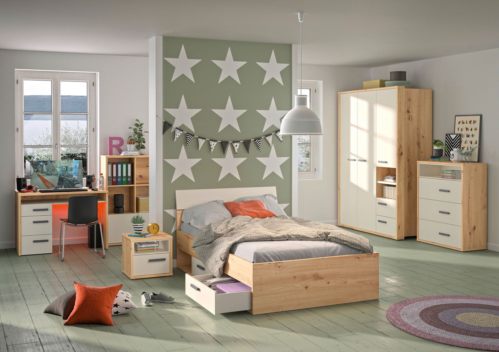 XORA Bett CASA MIA Modernes Schlafzimmer mit einem Holzbett, das über Schubladen verfügt, aus der Perspektive von vorne rechts. Das Zimmer ist hell und stilvoll eingerichtet mit einem Schreibtisch, einem Kleiderschrank und Dekorationen.