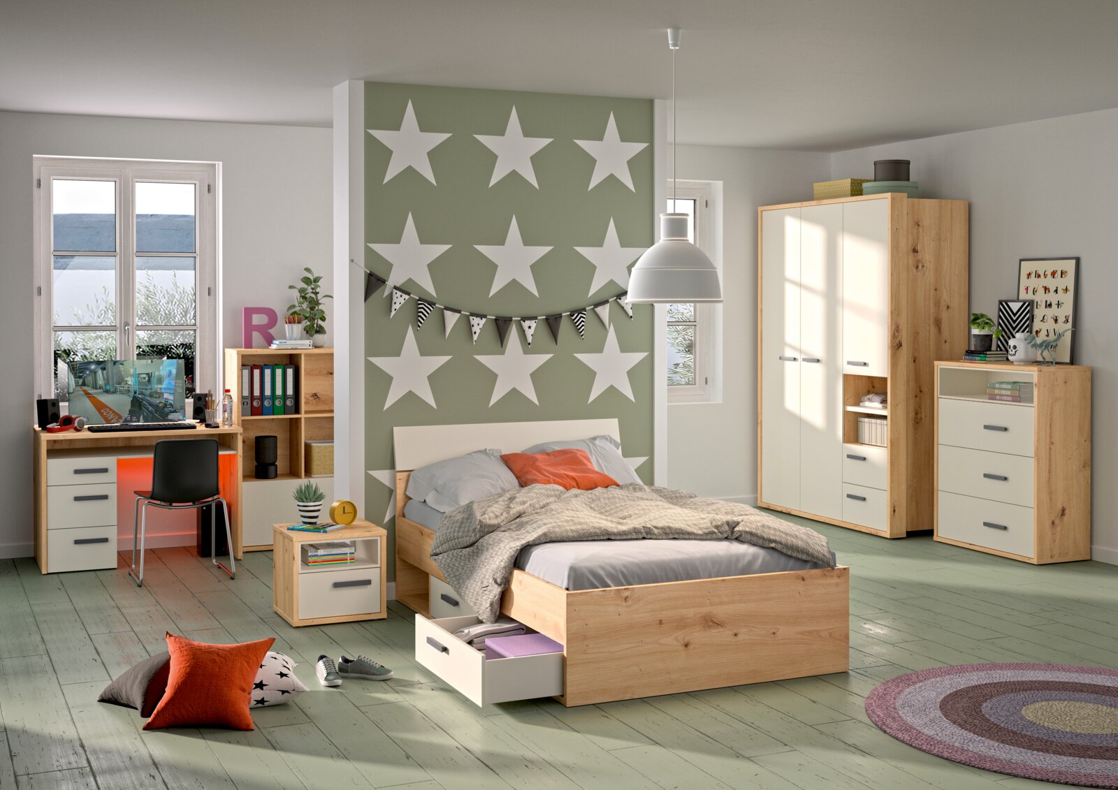 XORA Bed CASA MIA Een moderne slaapkamer met een houten bed met lades, gezien vanuit het perspectief rechtsvoor. De kamer is licht en stijlvol ingericht met een bureau, een kledingkast en decoraties.