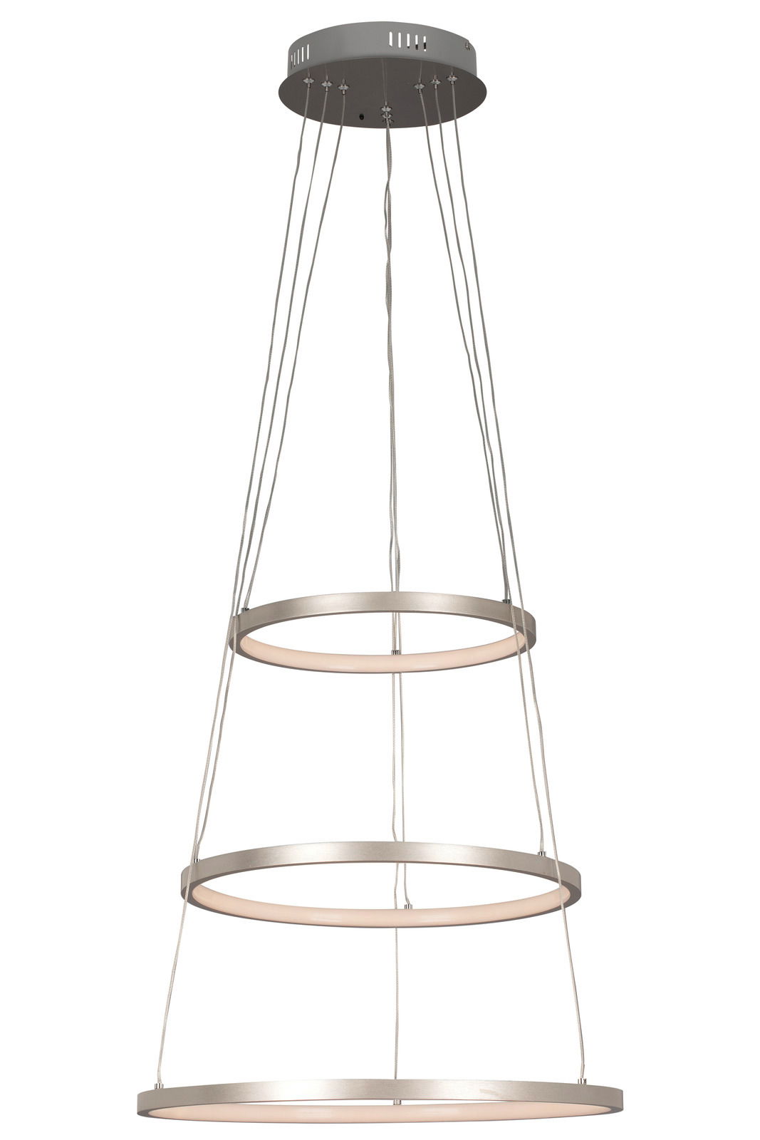 Moderne LED-Hängeleuchte Anelli mit vier übereinander angeordneten Ringen, seitliche Perspektive