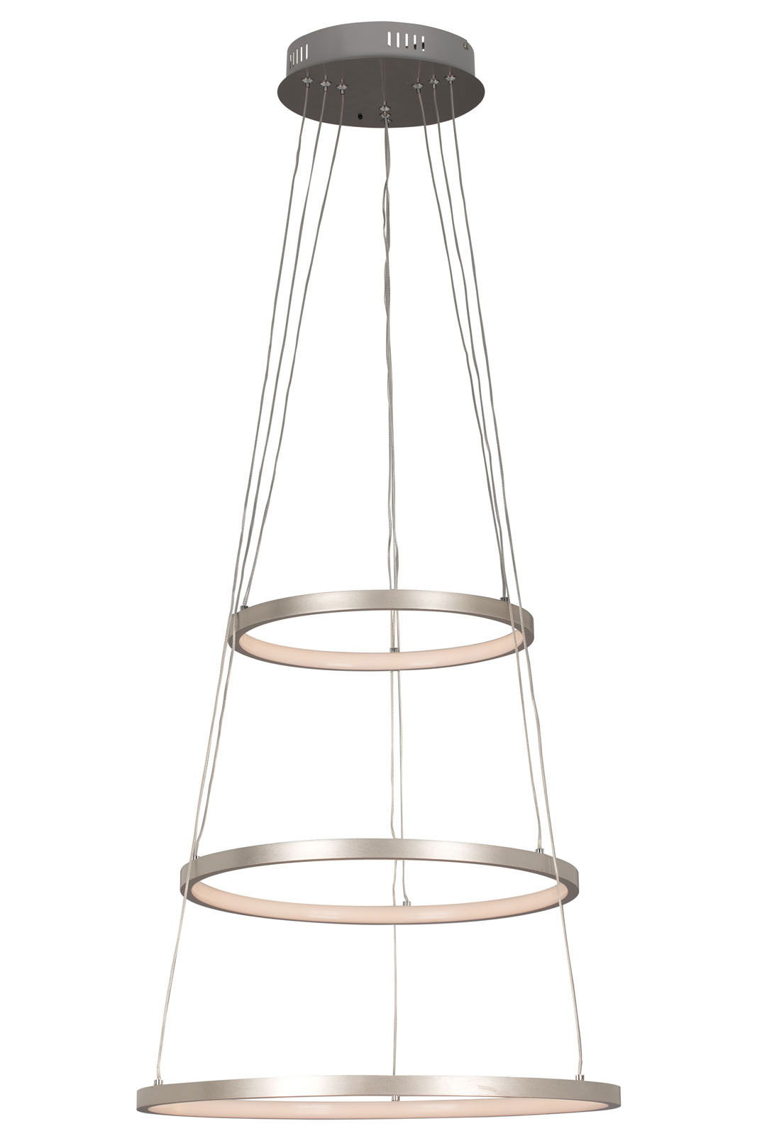 Moderne LED-Hängeleuchte Anelli mit vier übereinander angeordneten Ringen, seitliche Perspektive