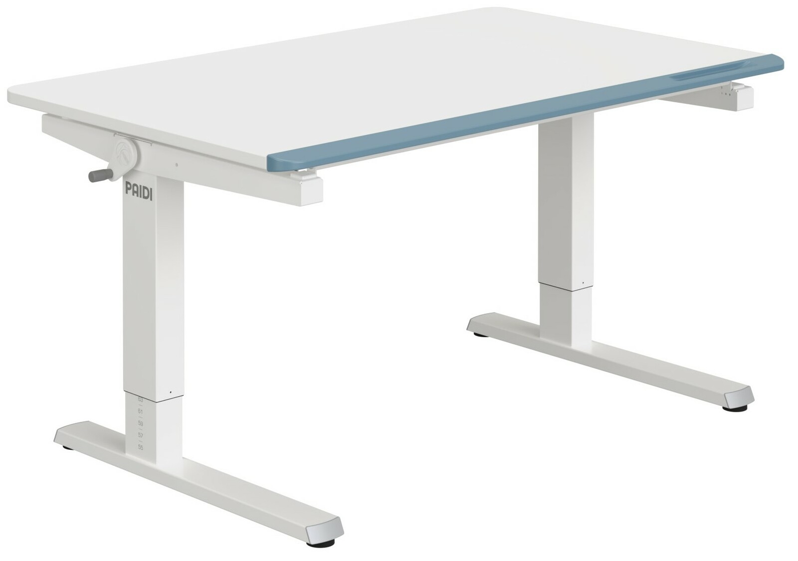 Moderner höhenverstellbarer Schreibtisch in Weiß mit blauer Kante, seitliche Perspektive