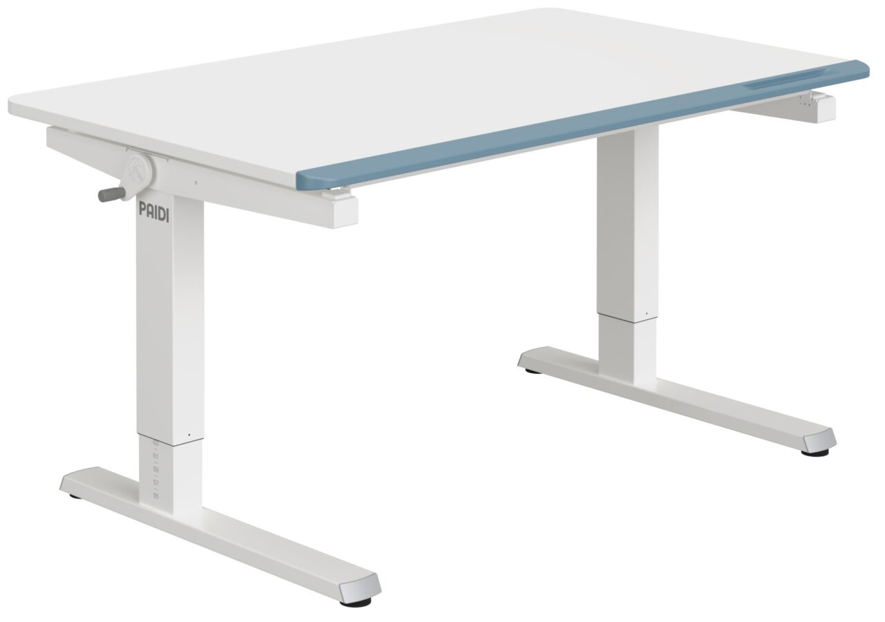 Modern, in hoogte verstelbaar bureau in wit met blauwe rand, zijaanzicht