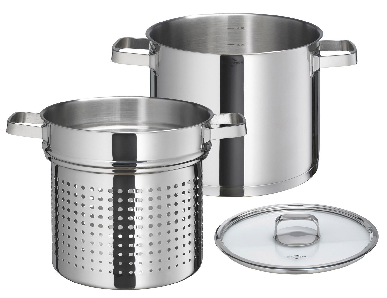 Kochtopf mit Pastaeinsatz und Glasdeckel aus Edelstahl, seitliche Perspektive