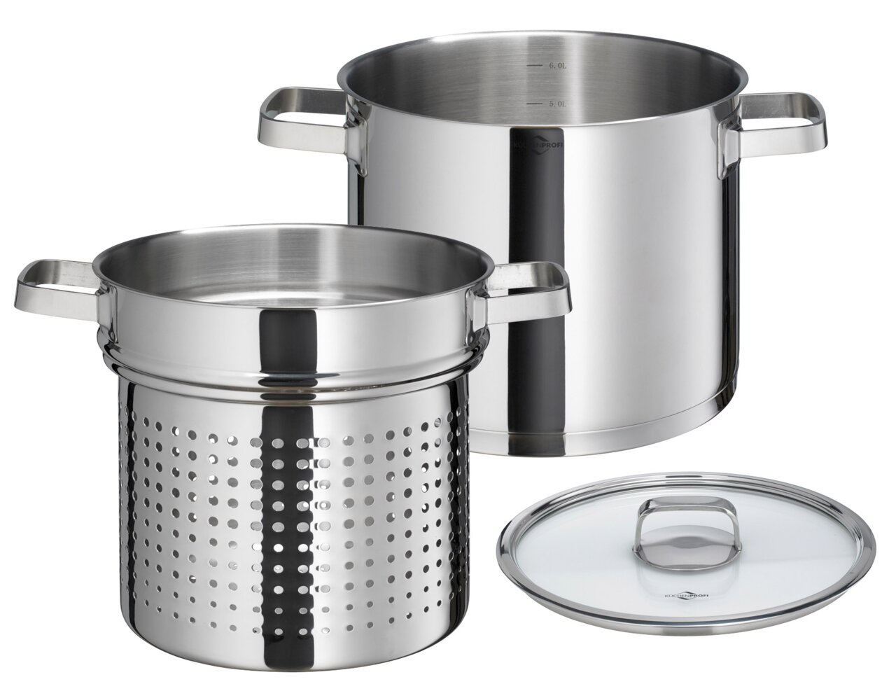 Kochtopf mit Pastaeinsatz und Glasdeckel aus Edelstahl, seitliche Perspektive