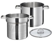 Kochtopf mit Pastaeinsatz und Glasdeckel aus Edelstahl, seitliche Perspektive