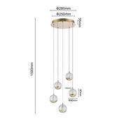 LED-Hängeleuchte mit fünf kugelförmigen Lampenschirmen aus Glas, aufgehängt an einem runden, goldfarbenen Baldachin. Seitenansicht.