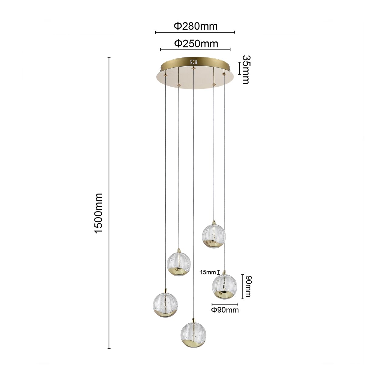 LED-Hängeleuchte mit fünf kugelförmigen Lampenschirmen aus Glas, aufgehängt an einem runden, goldfarbenen Baldachin. Seitenansicht.