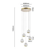 LED-Hängeleuchte mit fünf kugelförmigen Lampenschirmen aus Glas, aufgehängt an einem runden, goldfarbenen Baldachin. Seitenansicht.