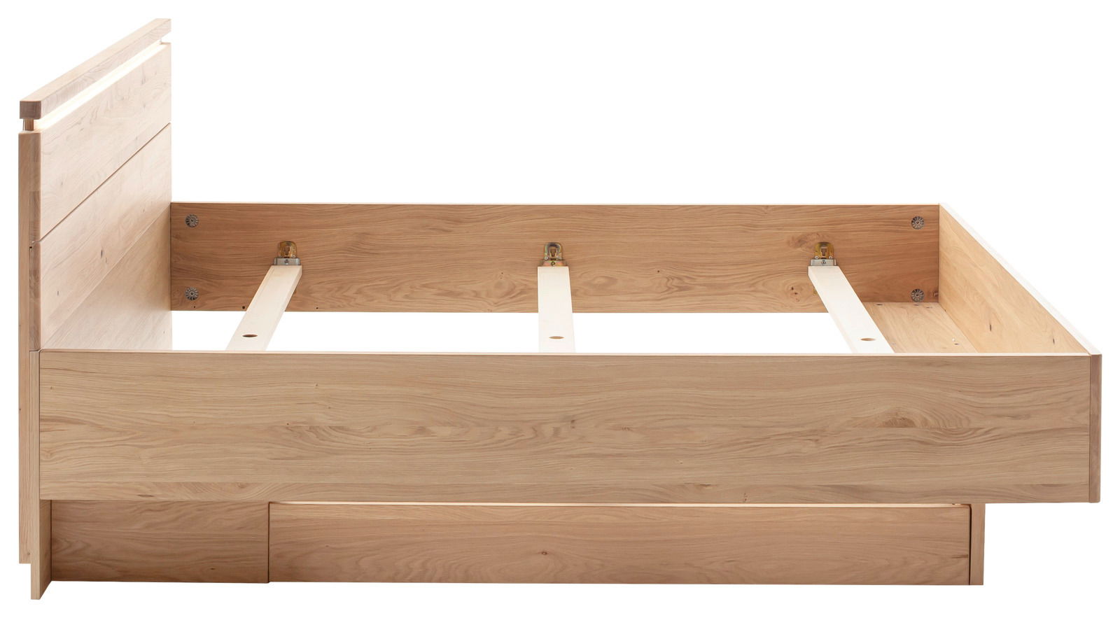 Holzbettgestell in Seitenansicht mit Kopfteil und Lattenrosthalterungen