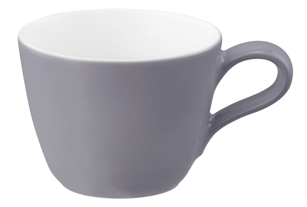 Graue Espressotasse mit Henkel, seitliche Perspektive