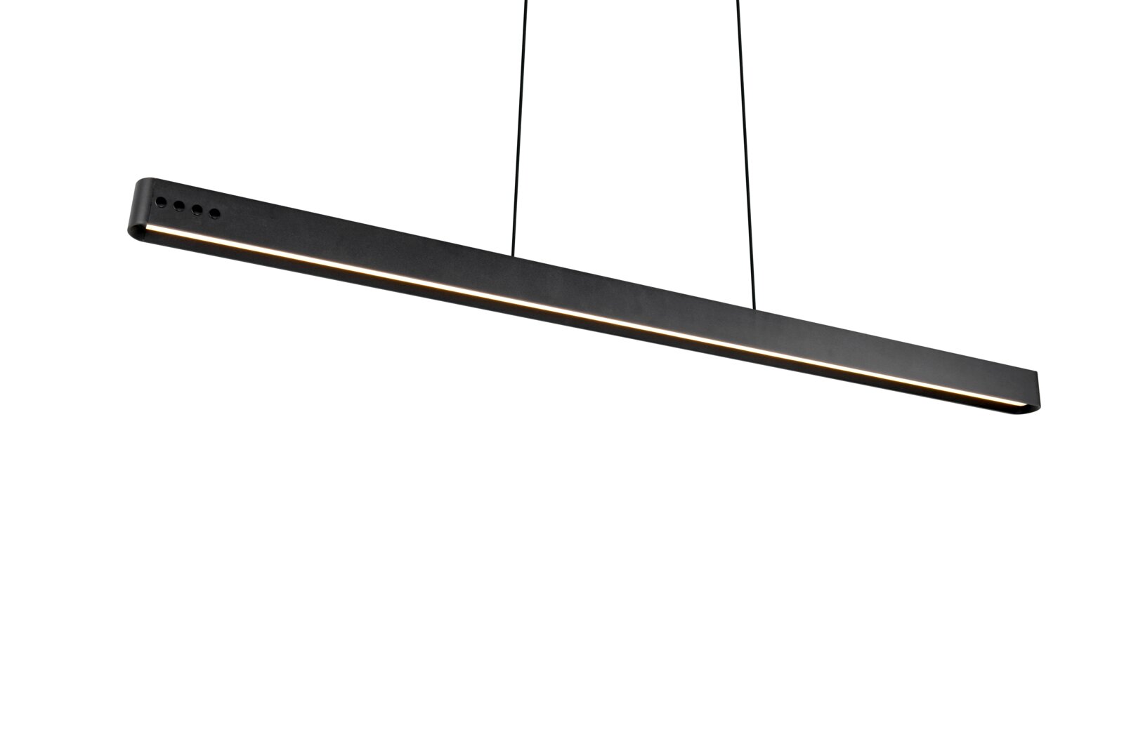 Moderne zwarte hanglamp in zijaanzicht, slank ontwerp met ingebouwde ledverlichting.