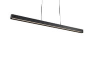 Moderne zwarte hanglamp in zijaanzicht, slank ontwerp met ingebouwde ledverlichting.