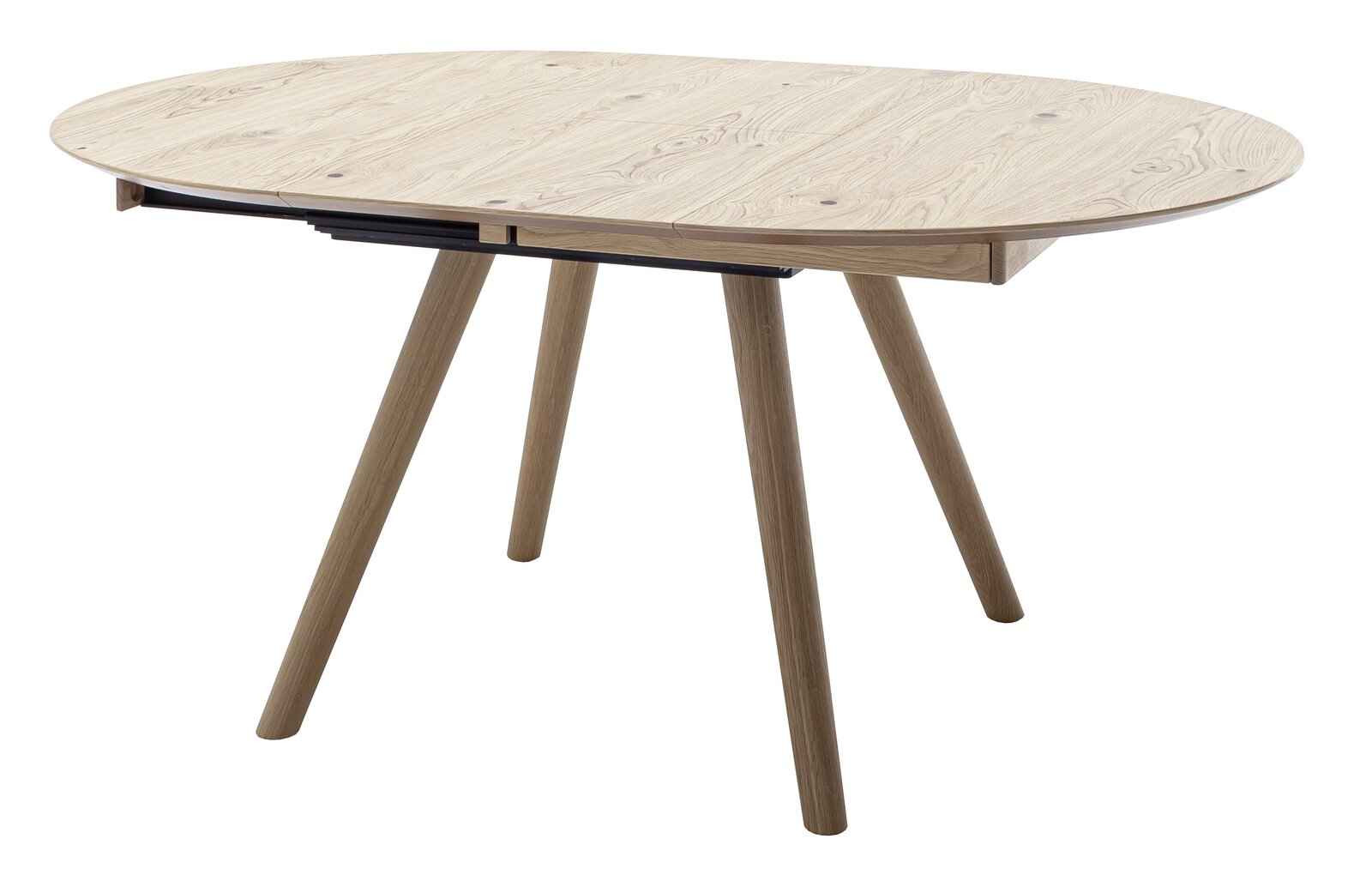 Schöner Wohnen Esstisch SW ROUND Runder Esstisch aus hellem Holz mit vier schrägen Beinen, seitliche Perspektive