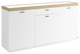 Weißes Sideboard mit Holzoberfläche und drei Schubladen, seitliche Perspektive