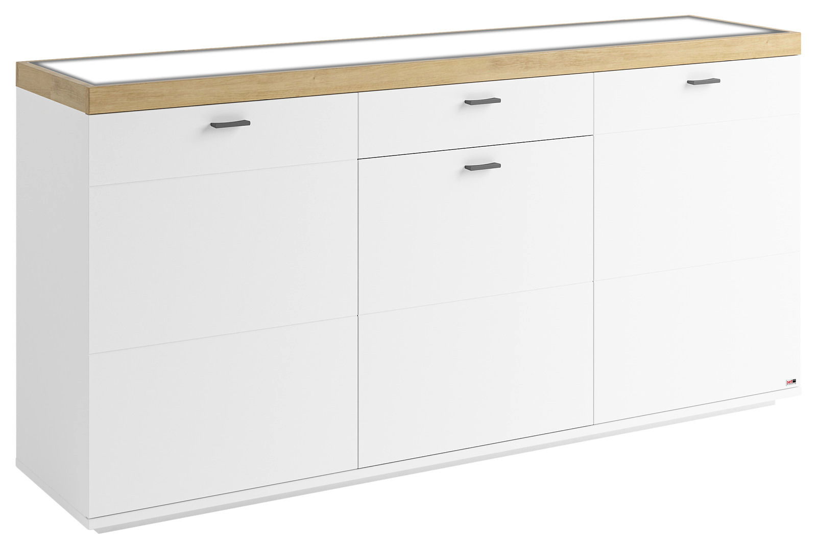 Set one by Musterring Sideboard SET ONE LANCASTER Weißes Sideboard mit Holzoberfläche und drei Schubladen, seitliche Perspektive