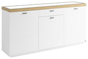 Weißes Sideboard mit Holzoberfläche und drei Schubladen, seitliche Perspektive