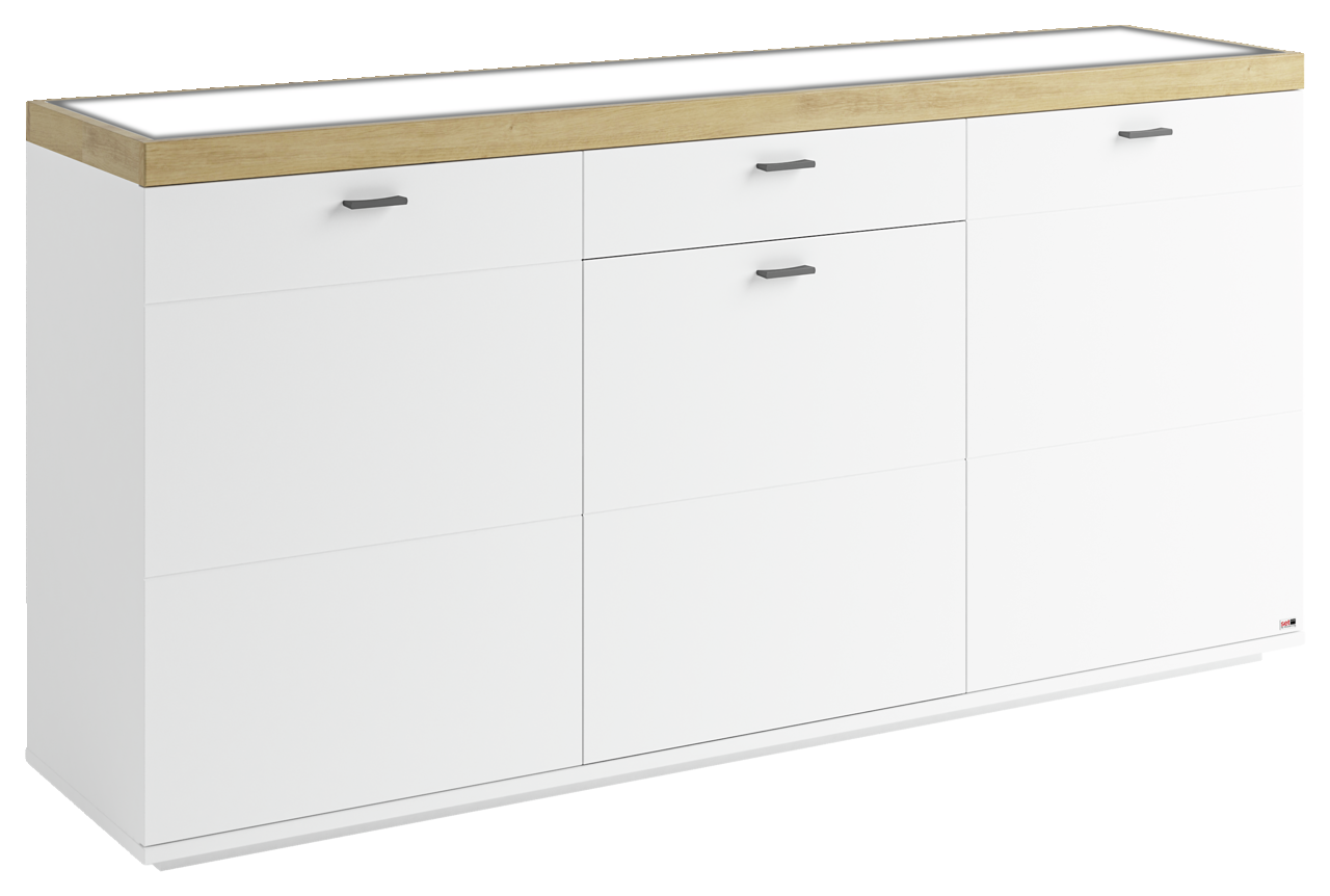 Set one by Musterring Sideboard SET ONE LANCASTER Weißes Sideboard mit Holzoberfläche und drei Schubladen, seitliche Perspektive