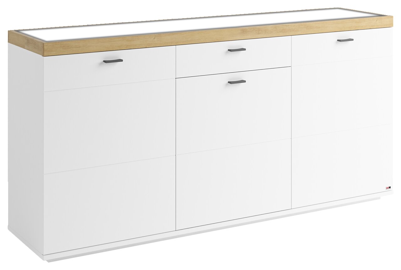 Set one by Musterring Sideboard SET ONE LANCASTER Weißes Sideboard mit Holzoberfläche und drei Schubladen, seitliche Perspektive