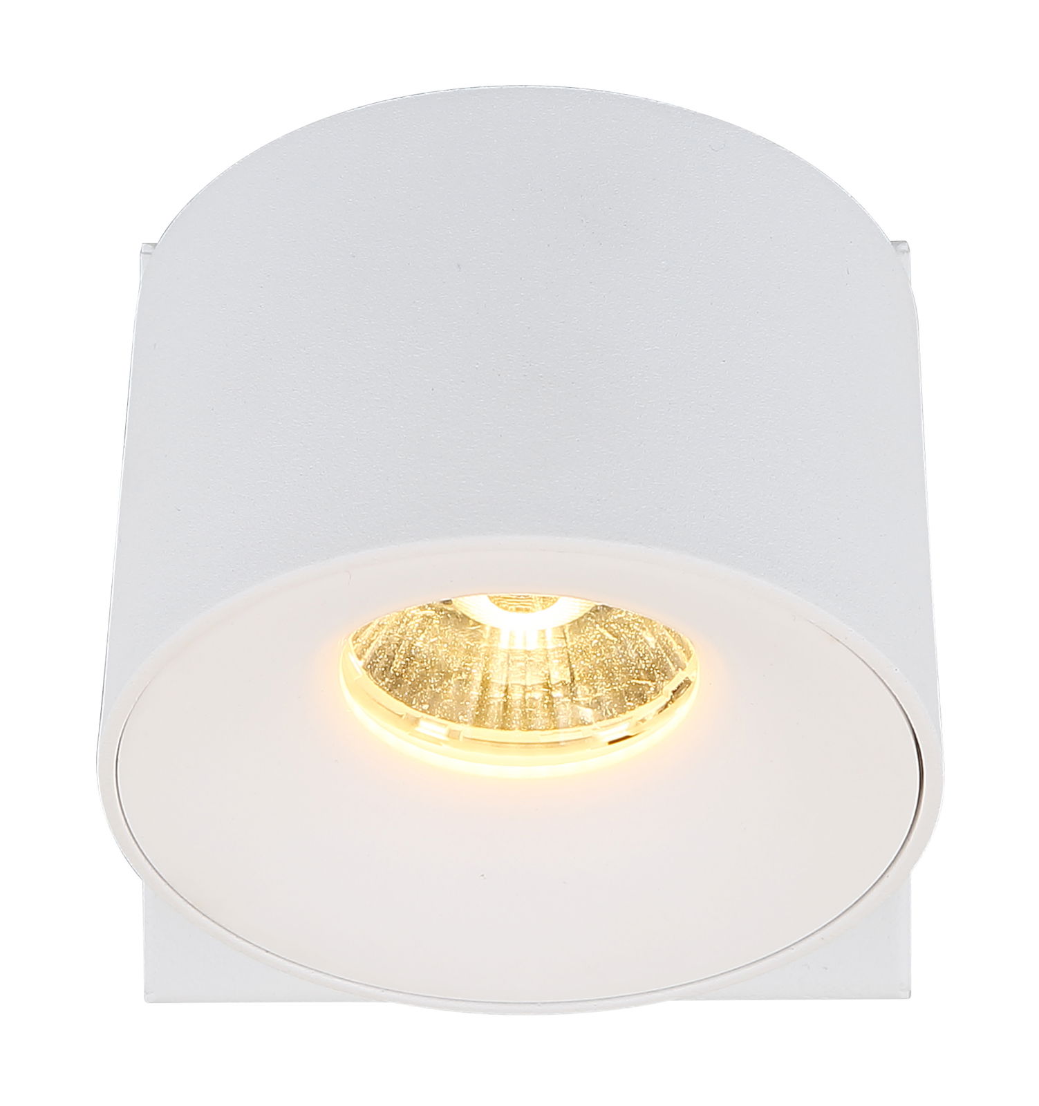 LED Strahler in weißer Zylinderform, von unten betrachtet, mit leuchtendem Licht.