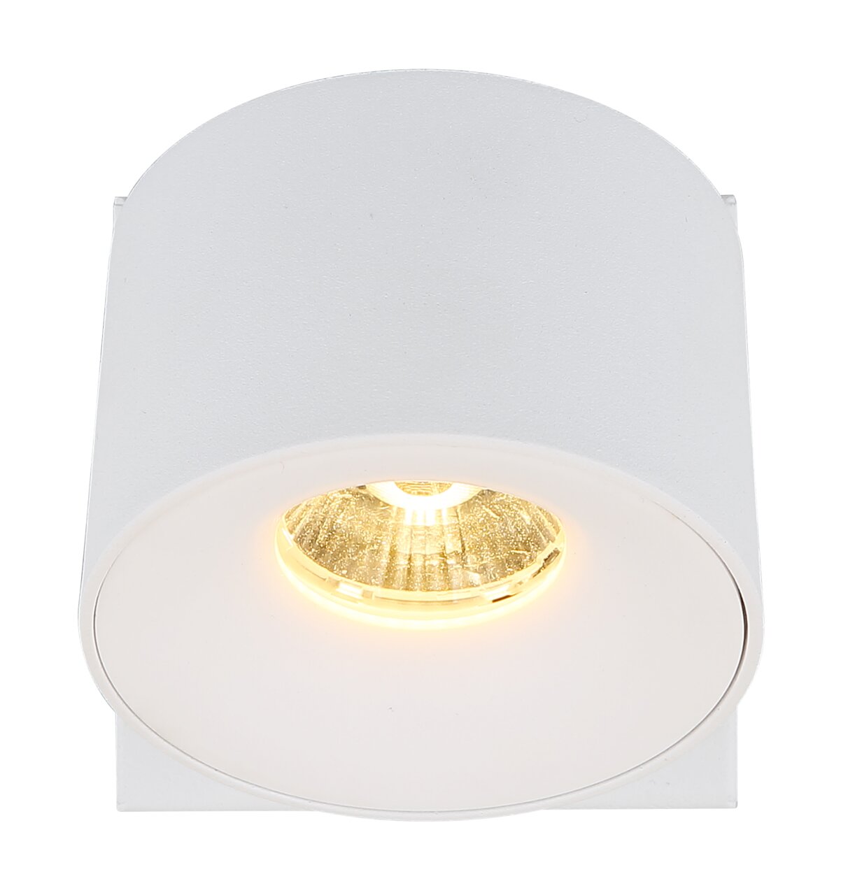 LED Strahler in weißer Zylinderform, von unten betrachtet, mit leuchtendem Licht.