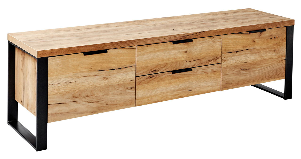 TV-Lowboard aus Holz mit drei Schubladen und schwarzen Metallbeinen, seitliche Perspektive