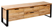 TV-Lowboard aus Holz mit drei Schubladen und schwarzen Metallbeinen, seitliche Perspektive