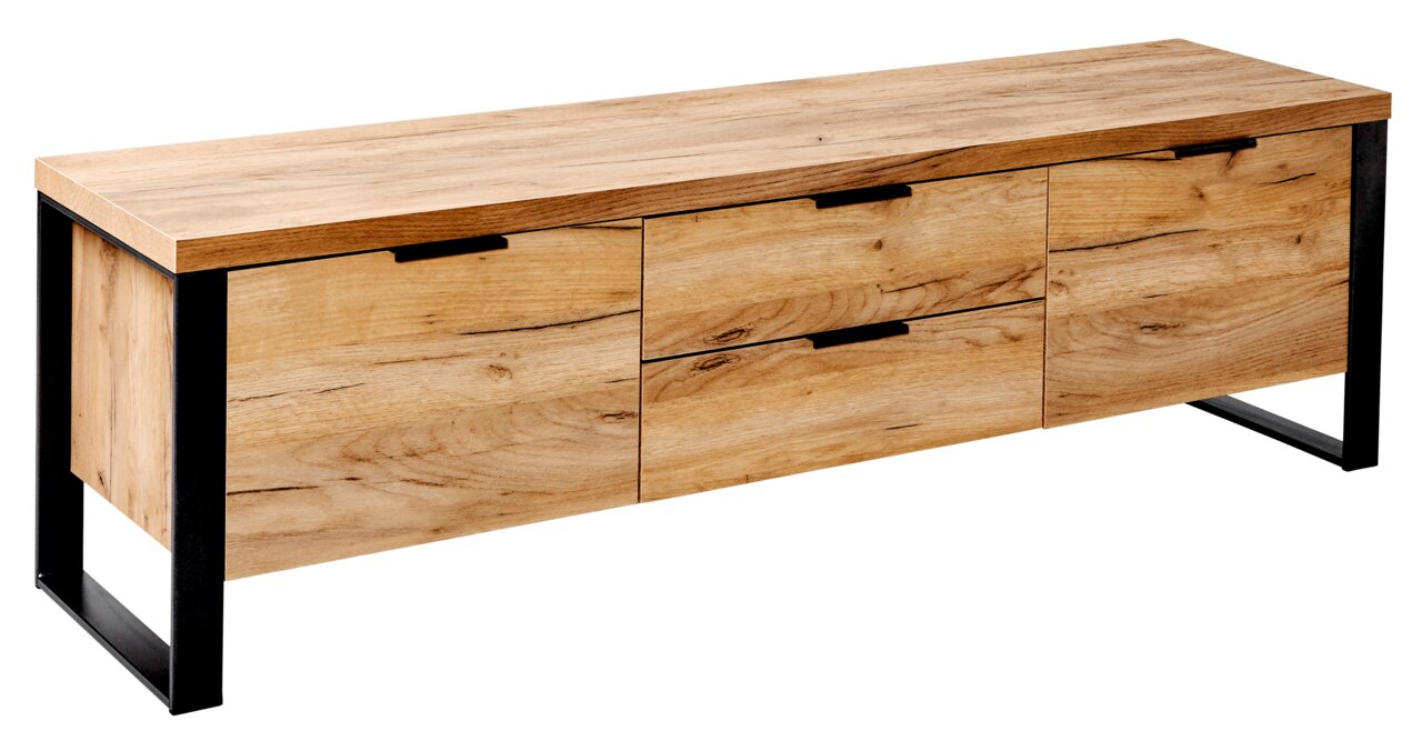 TV-Lowboard aus Holz mit drei Schubladen und schwarzen Metallbeinen, seitliche Perspektive