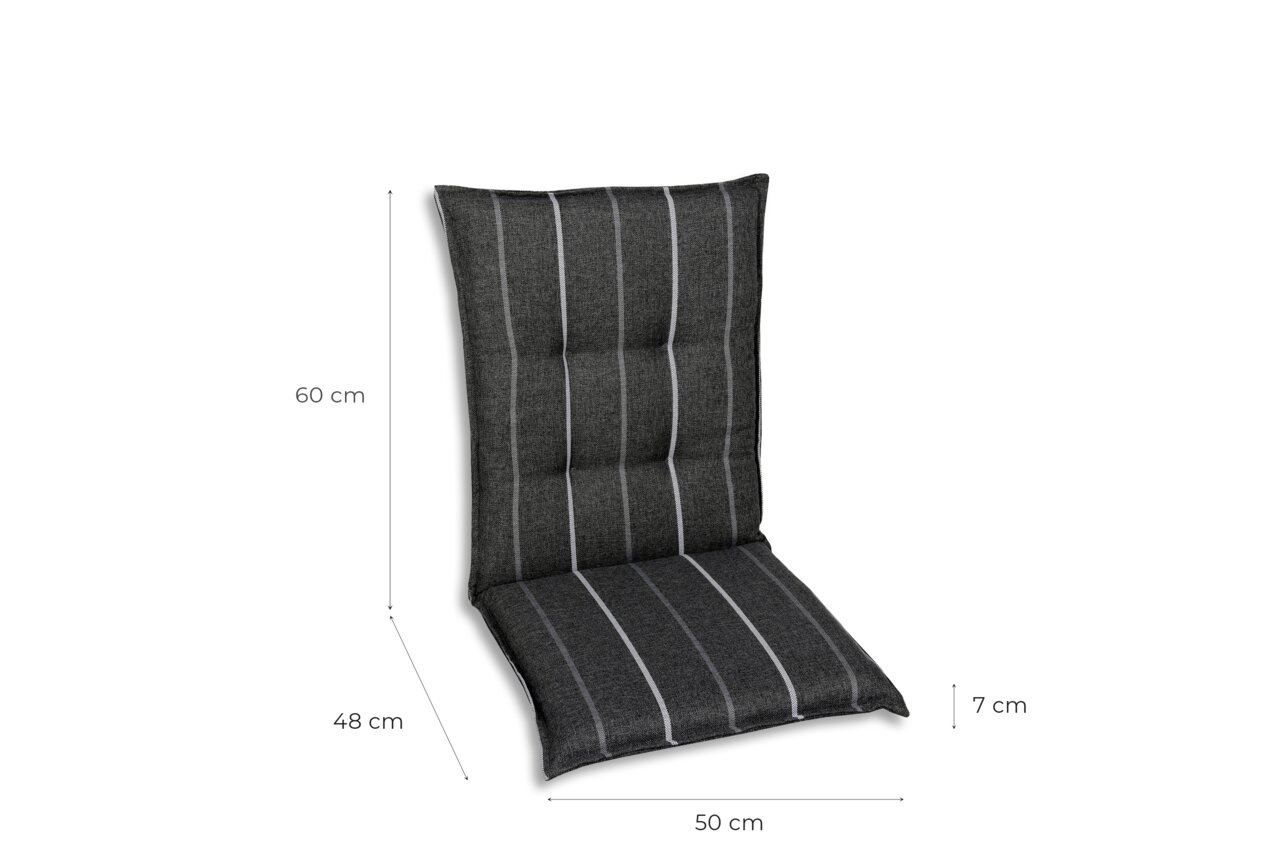 Graue Sesselauflage mit weißen Streifen, seitliche Perspektive, Maße: 60 cm Höhe, 50 cm Breite, 48 cm Tiefe, 7 cm Dicke.