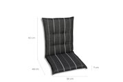 Grijze stoelbekleding met witte strepen, zijaanzicht, afmetingen: 60 cm hoog, 50 cm breed, 48 cm diep, 7 cm dik.