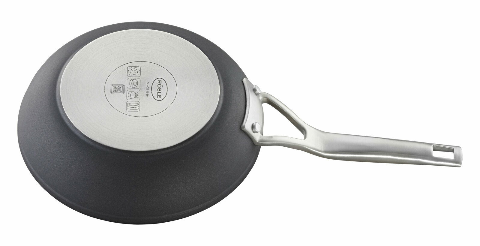 Bratpfanne Raise Ø 20 cm, Ansicht von unten mit Edelstahlboden und ergonomischem Griff