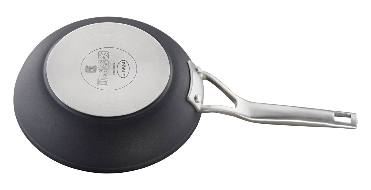 Koekenpan Raise Ø 20 cm, onderaanzicht met roestvrijstalen bodem en ergonomisch handvat