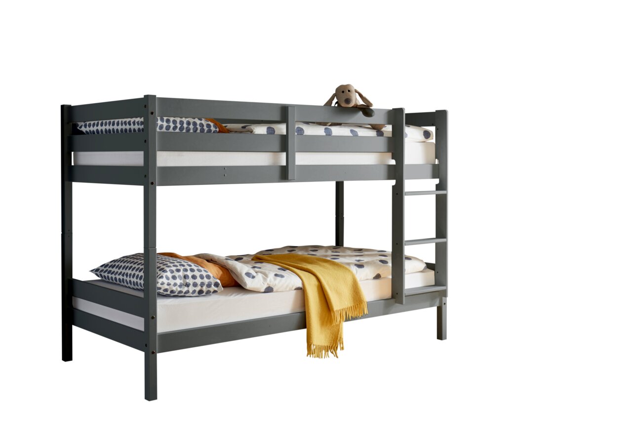 Graues Etagenbett mit zwei Ebenen, Leiter und bunter Bettwäsche, seitliche Perspektive