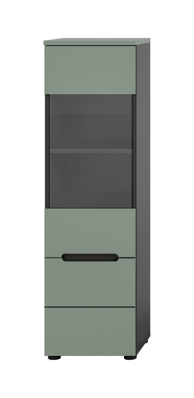 Schmaler, hoher Schrank in Salbeigrün und Anthrazit mit Glaseinsatz und Schublade, Frontansicht in leichter Perspektive von rechts