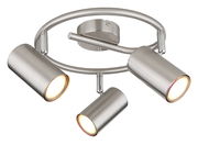 Moderner Deckenstrahler aus gebürstetem Metall mit drei verstellbaren Leuchten, seitliche Perspektive