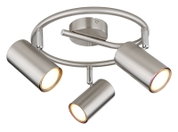 Moderne plafondspot van geborsteld metaal met drie verstelbare lampen, zijaanzicht