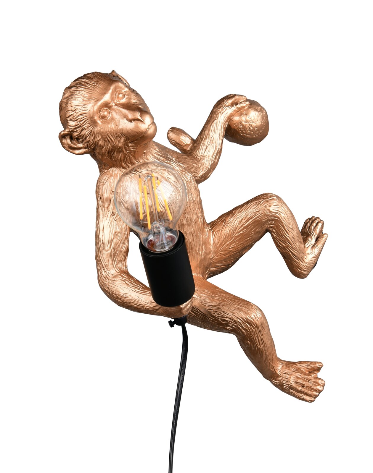 Bronzefarbene Wandleuchte in Form eines Affen, der eine Glühbirne hält, seitliche Perspektive