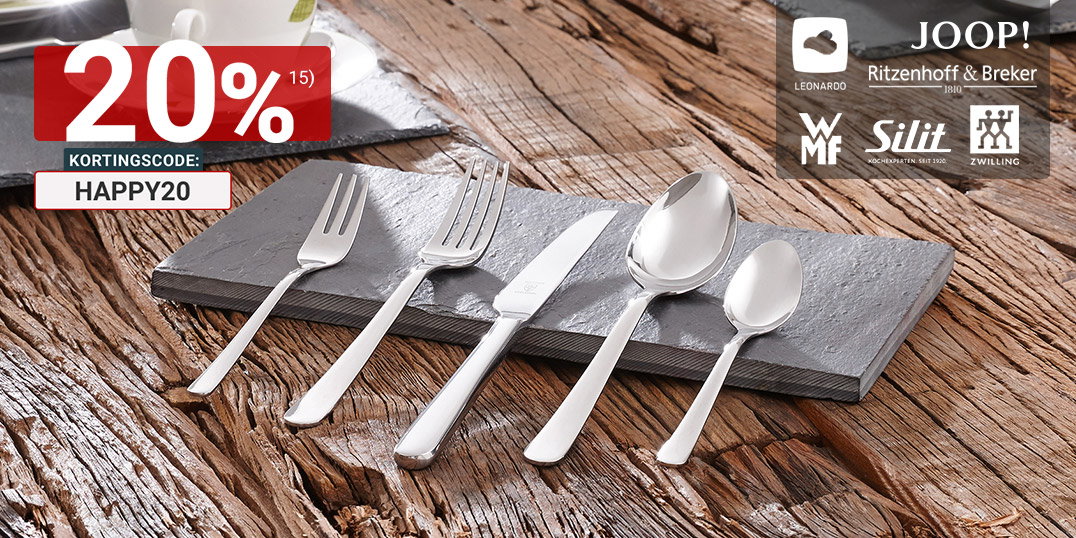 Bestek en servies op een rustieke houten tafel, met logo's van WMF, Zwilling, JOOP!, Silit en Leonardo.