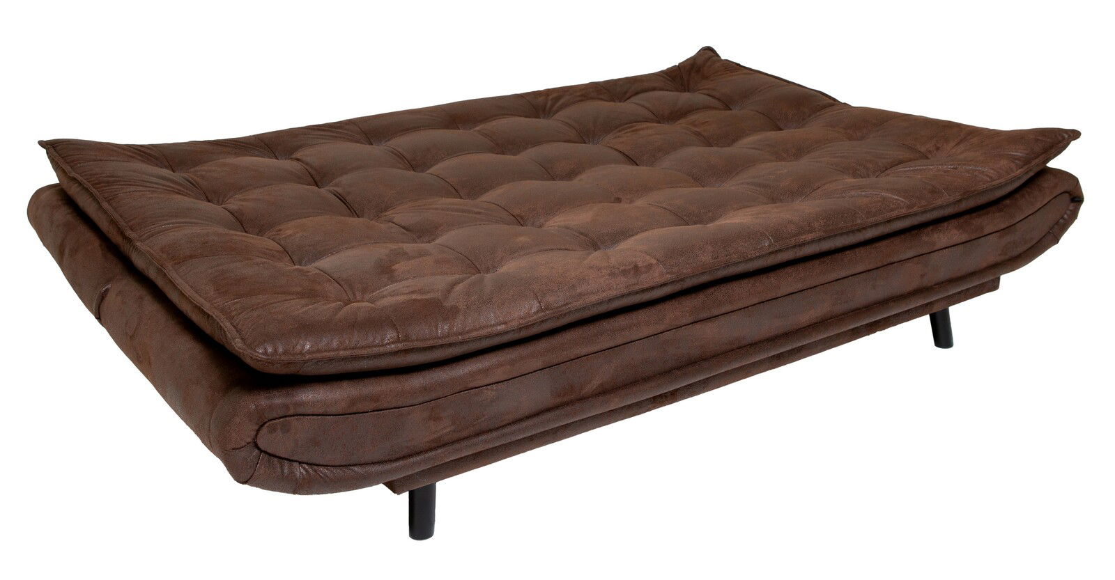 Braunes Funktionssofa in Seitenansicht, flach ausgeklappt mit gepolsterter Oberfläche und schwarzen Beinen.