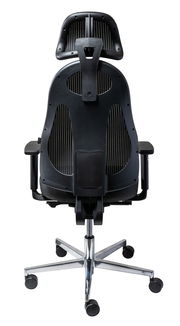Rückansicht eines ergonomischen Drehstuhls mit Netzrückenlehne und verstellbarer Kopfstütze.