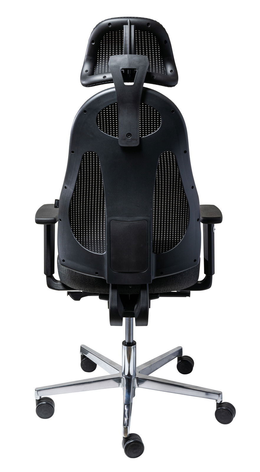 Rückansicht eines ergonomischen Drehstuhls mit Netzrückenlehne und verstellbarer Kopfstütze.