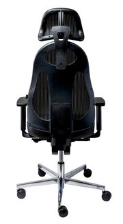 Rückansicht eines ergonomischen Drehstuhls mit Netzrückenlehne und verstellbarer Kopfstütze.